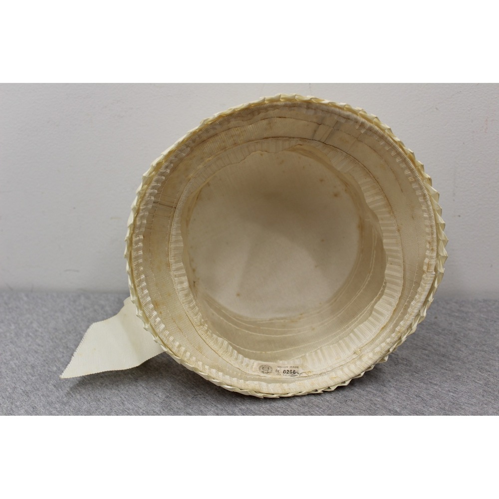 Vintage Hat Womens Cream Woven Straw Pillbox Grosgrain Ribbon Bow Union Made - Picture 5 of 7
